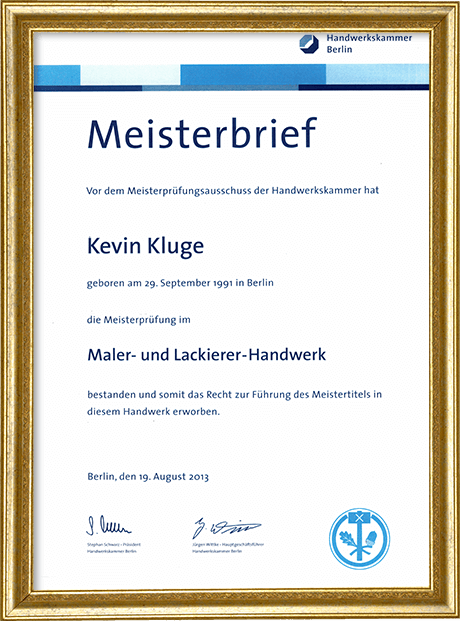 Kevin Kluge Meisterbrief