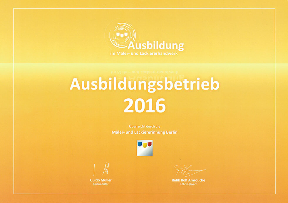 Ausbildungszertifikat Malerbetrieb Kluge 2016