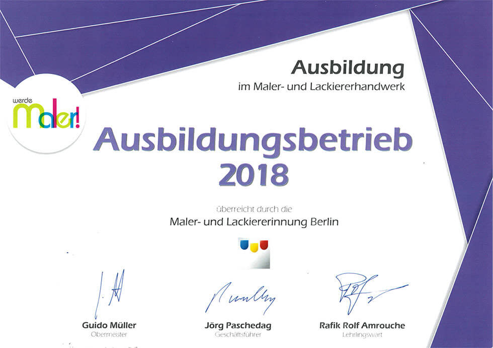 Ausbildungszertifikat Malerbetrieb Kluge 2018